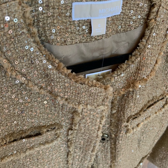 NWT Michael Kors Sequin Gold Tan Camel Fringe Trim Chic Jacket Size 4 MSRP $198 - Picture 5 of 12